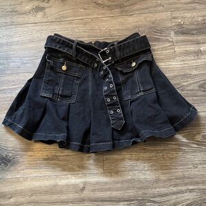 ROMWE Dark Denim Skater Skirt with Grommet Detail